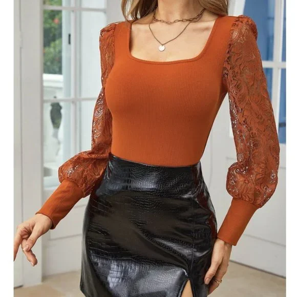 Pumpkin Spice Crochet Sleeve Sweater Top - Orange - Picture 2 of 6